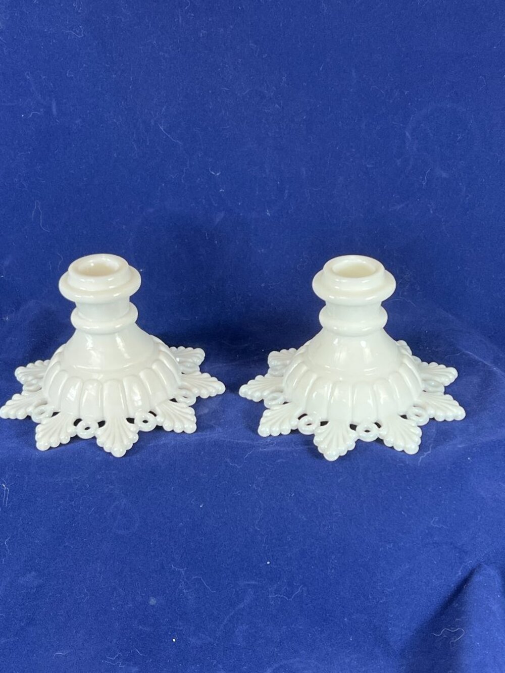 Vintage Pair of Westmoreland Milk Glass Ring & Petal Lace 4" Candle Holders MCM